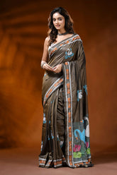 Slate grey kantha embroidery silk saree with handmade swan motif 6