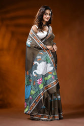 Slate grey kantha embroidery silk saree with handmade swan motif 4