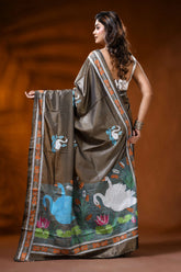 Slate grey kantha embroidery silk saree with handmade swan motif 5