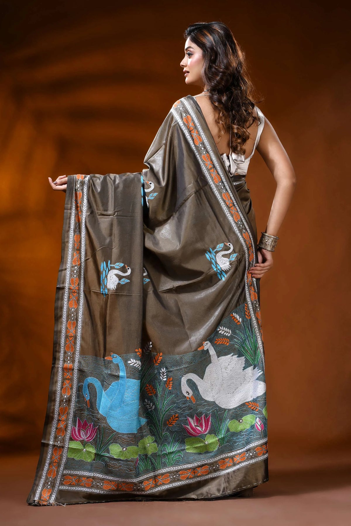 Slate grey kantha embroidery silk saree with handmade swan motif 5