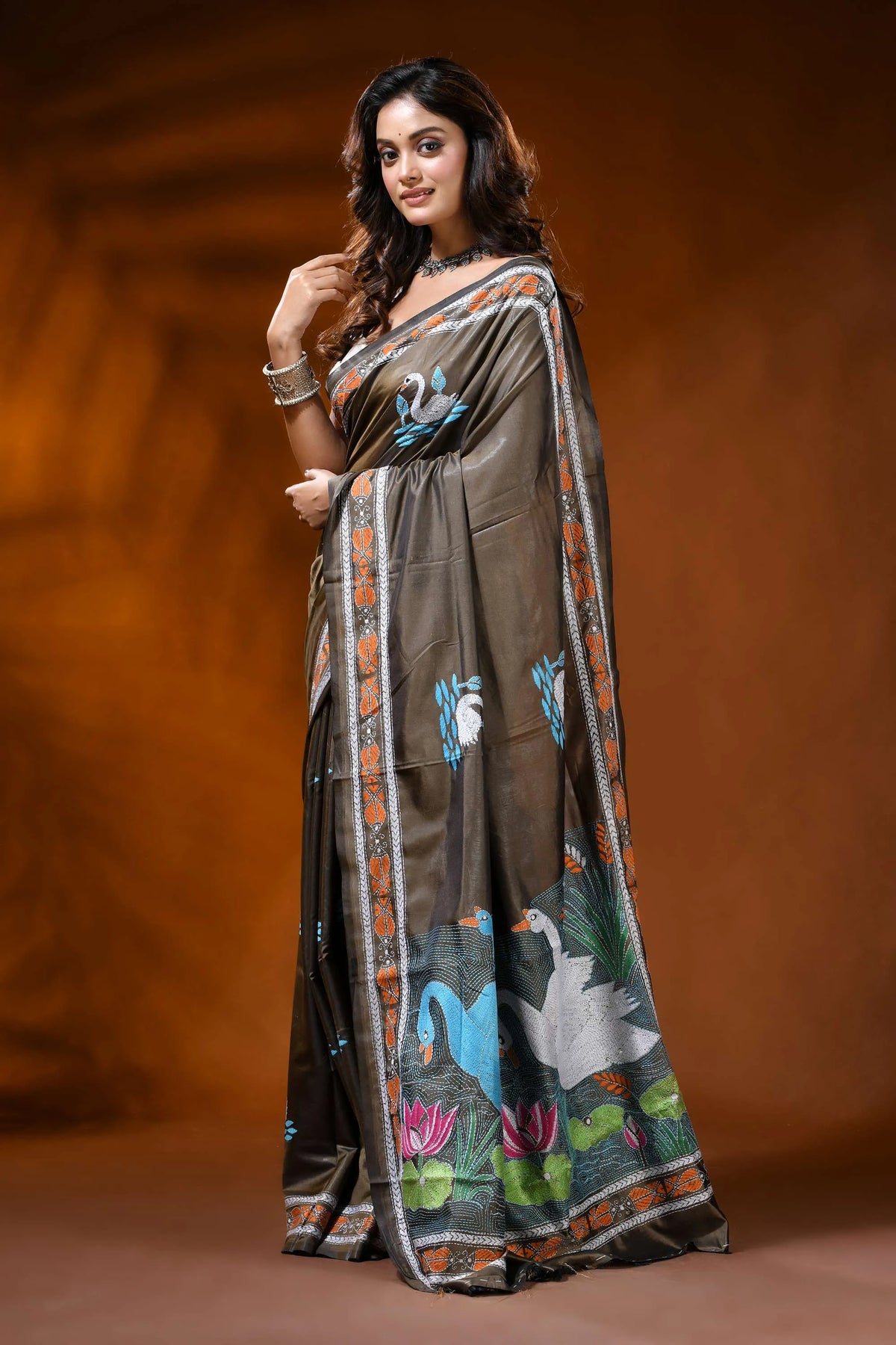Slate grey kantha embroidery silk saree with handmade swan motif 3