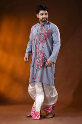 Slate grey pure cotton punjabi for men with mandala floral kantha work 3