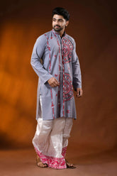 Slate grey pure cotton punjabi for men with mandala floral kantha work 4