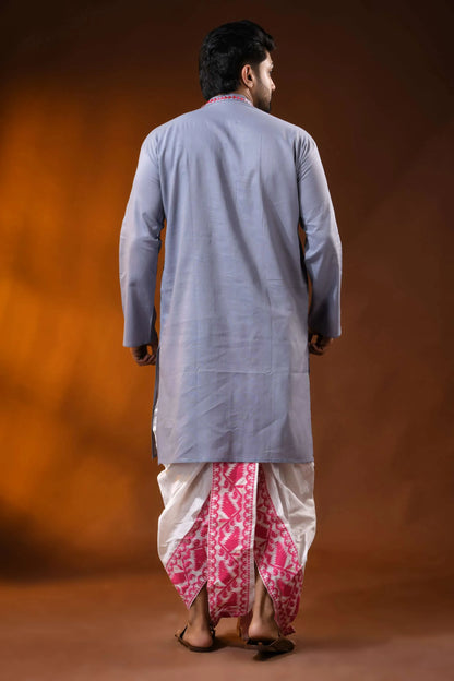 Slate grey pure cotton punjabi for men with mandala floral kantha work 5