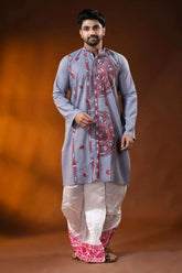 Slate grey pure cotton punjabi for men with mandala floral kantha work 6