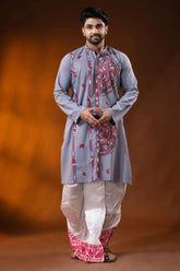 Slate grey pure cotton punjabi for men with mandala floral kantha work 1