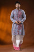 Slate grey pure cotton punjabi for men with mandala floral kantha work 1