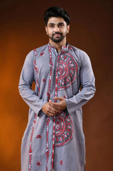 Slate grey pure cotton punjabi for men with mandala floral kantha work 2