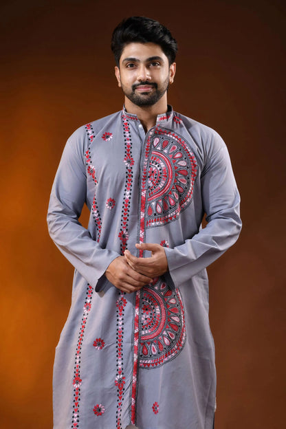 Slate grey pure cotton punjabi for men with mandala floral kantha work 2
