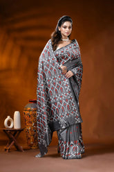 Slate grey silk gujrati stitch saree with red white ethnic motif 4