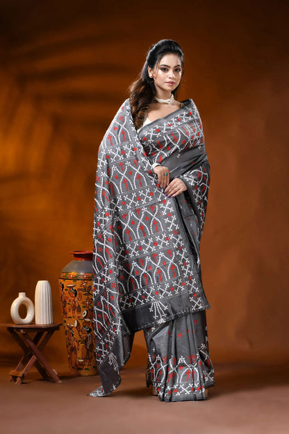 Slate grey silk gujrati stitch saree with red white ethnic motif 4