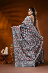 Slate grey silk gujrati stitch saree with red white ethnic motif 5