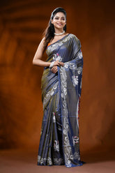 Slate grey silk kantha saree with swan lotus hand embroidery 6