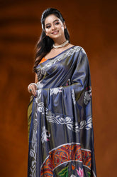 Slate grey silk kantha saree with swan lotus hand embroidery 2