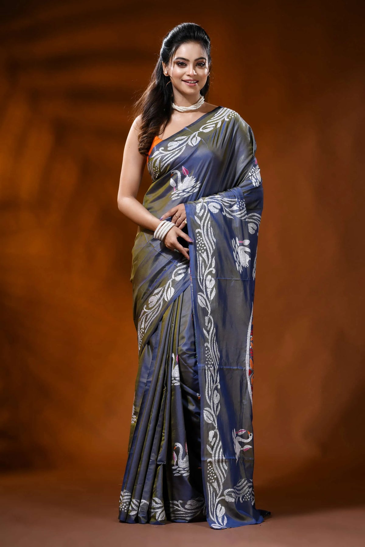 Slate grey silk kantha saree with swan lotus hand embroidery 1