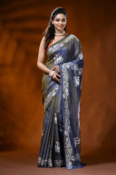 Slate grey silk kantha saree with swan lotus hand embroidery 1