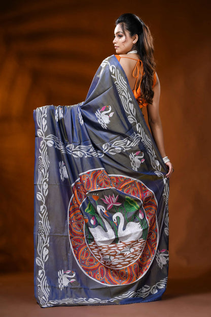 Slate grey silk kantha saree with swan lotus hand embroidery 4