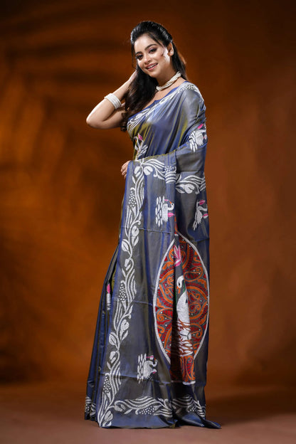 Slate grey silk kantha saree with swan lotus hand embroidery 3