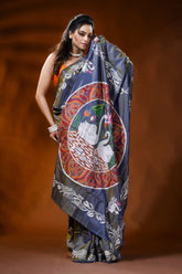 Slate grey silk kantha saree with swan lotus hand embroidery 5