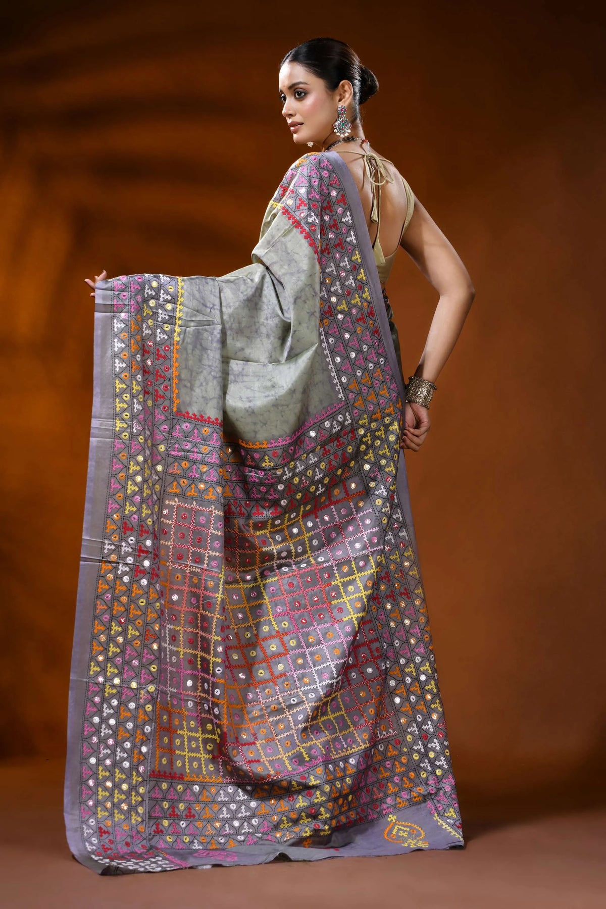 Slate grey silk kutch work hand batik saree with multicolor mirror detailing 5