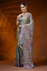 Slate grey silk kutch work hand batik saree with multicolor mirror detailing 6