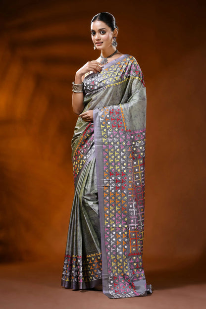 Slate grey silk kutch work hand batik saree with multicolor mirror detailing 6