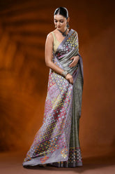 Slate grey silk kutch work hand batik saree with multicolor mirror detailing 4