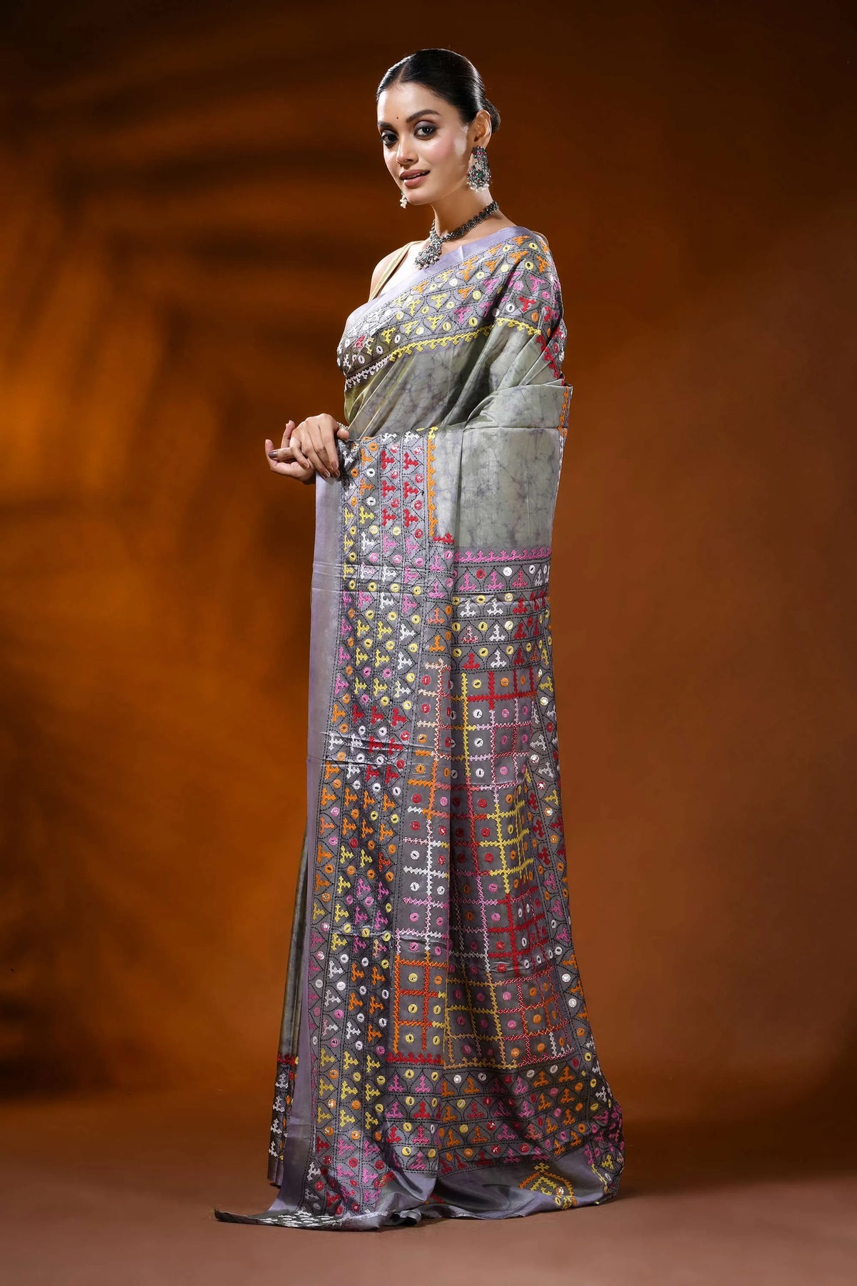Slate grey silk kutch work hand batik saree with multicolor mirror detailing 3