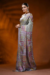 Slate grey silk kutch work hand batik saree with multicolor mirror detailing 3