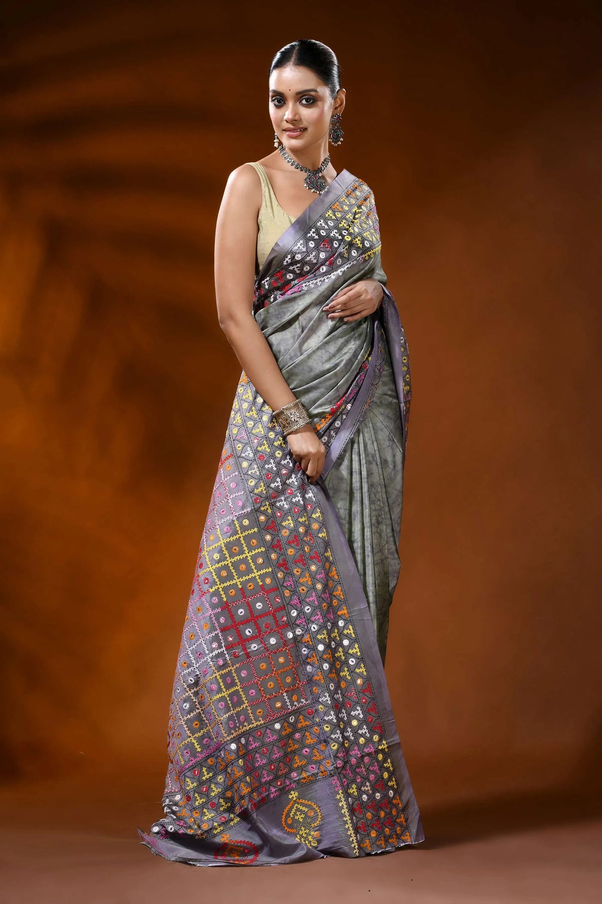 Slate grey silk kutch work hand batik saree with multicolor mirror detailing 7