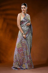 Slate grey silk kutch work hand batik saree with multicolor mirror detailing 7