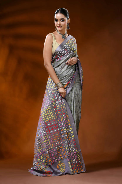 Slate grey silk kutch work hand batik saree with multicolor mirror detailing 7