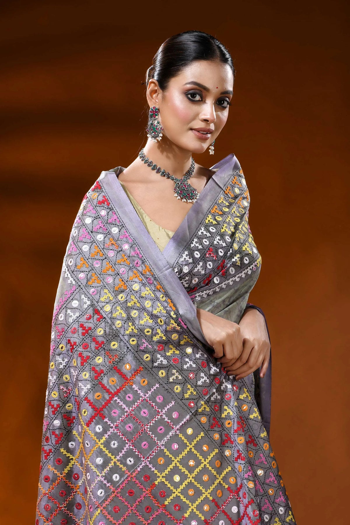 Slate grey silk kutch work hand batik saree with multicolor mirror detailing 2