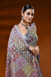 Slate grey silk kutch work hand batik saree with multicolor mirror detailing 2