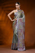 Slate grey silk kutch work hand batik saree with multicolor mirror detailing 1