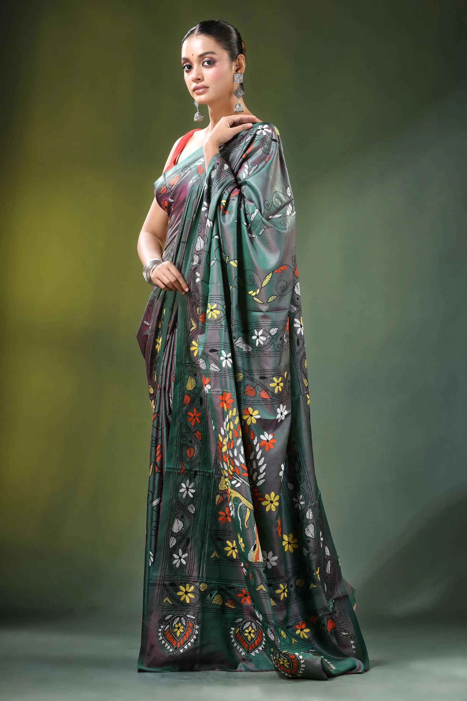 Slate grey tree motif handcrafted silk kantha saree dark green adorned 4