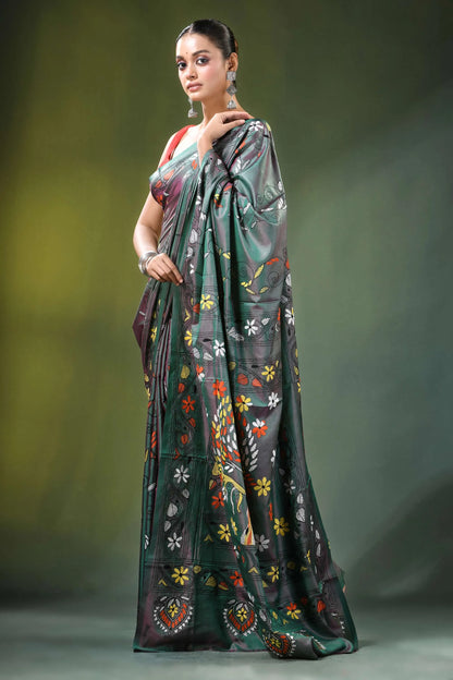 Slate grey tree motif handcrafted silk kantha saree dark green adorned 4