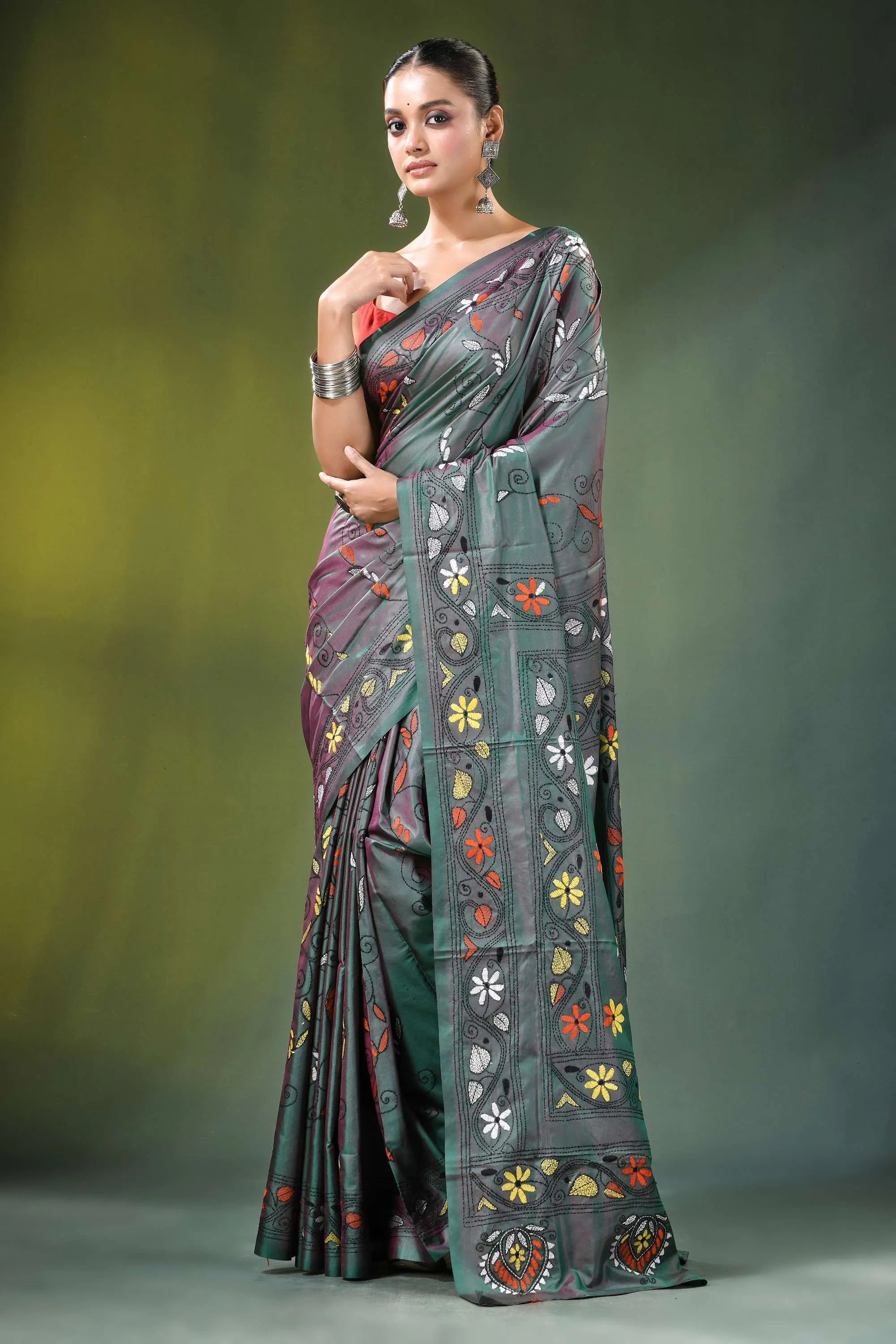 Slate grey tree motif handcrafted silk kantha saree dark green purple intricate 6
