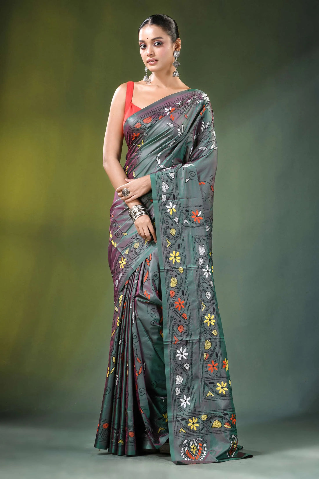 Slate grey tree motif handcrafted silk kantha saree dark green adorned 1