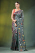 Slate grey tree motif handcrafted silk kantha saree dark green adorned 1