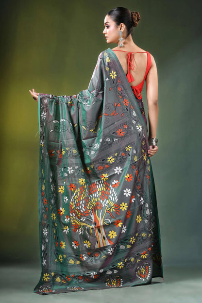 Slate grey tree motif handcrafted silk kantha saree woman wears dark green semi-transparent 5