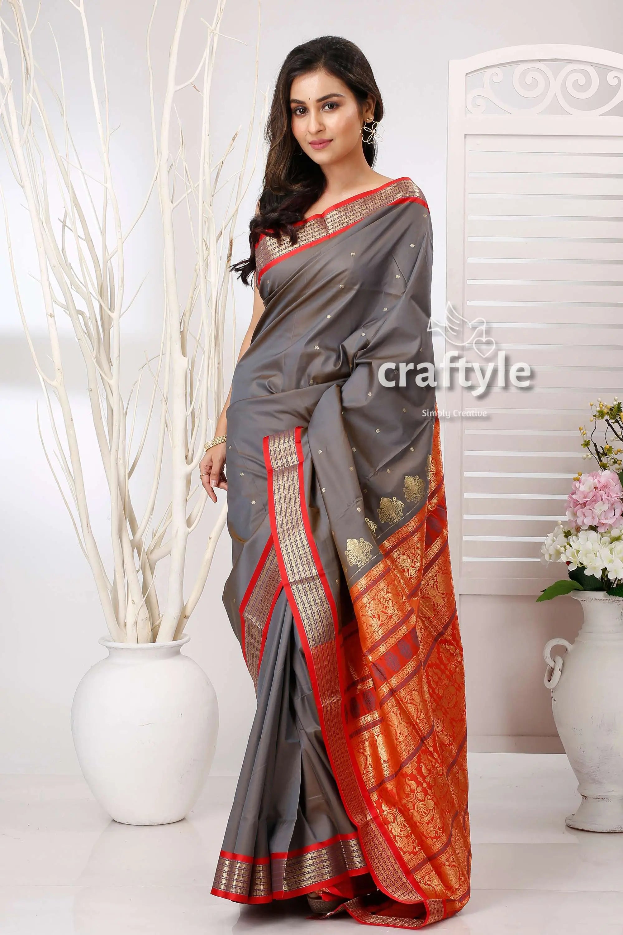 Slate grey zari border bomkai silk saree gray saree red gold border 5