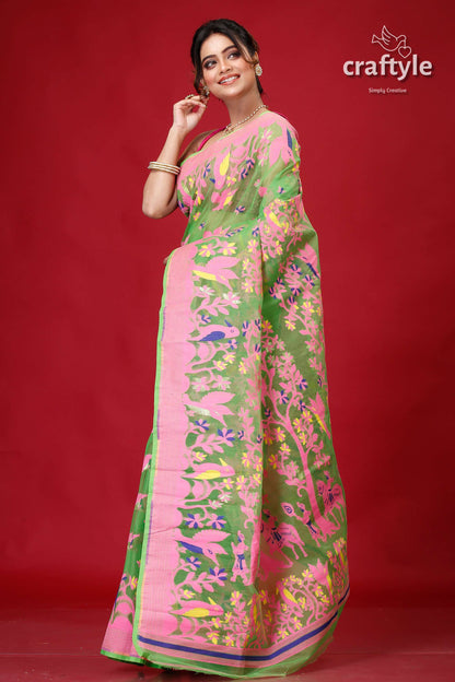 Slimy Green Bengal Jamdani Saree-Craftyle