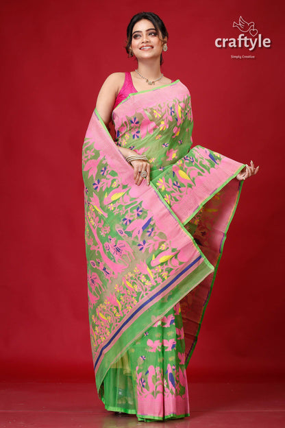 Slimy Green Bengal Jamdani Saree-Craftyle