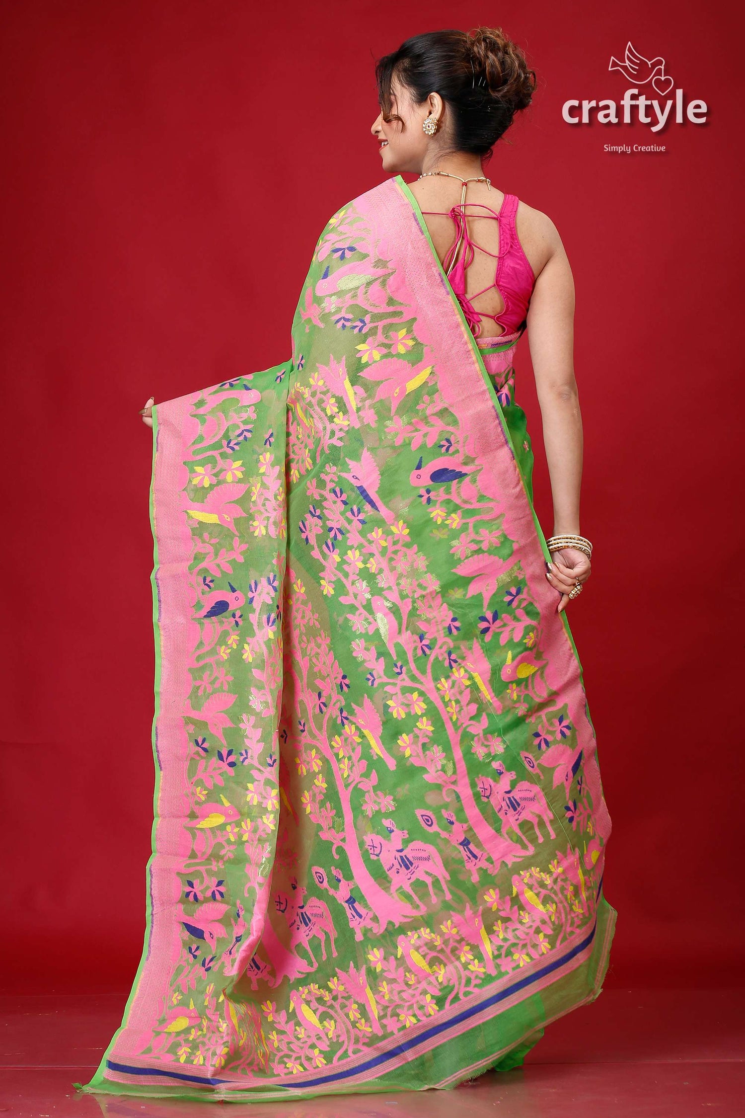 Slimy Green Bengal Jamdani Saree-Craftyle