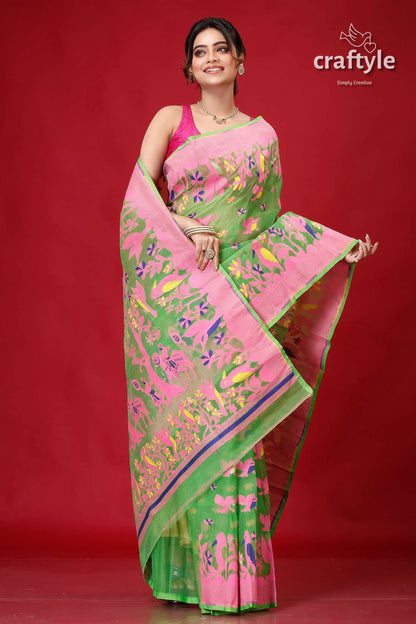 Slimy green bengal jamdani saree woman green pink saree 4