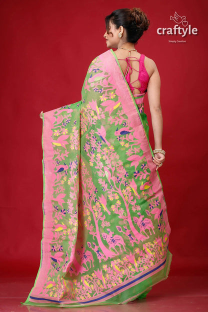 Slimy green bengal jamdani saree pink green patterned saree 5