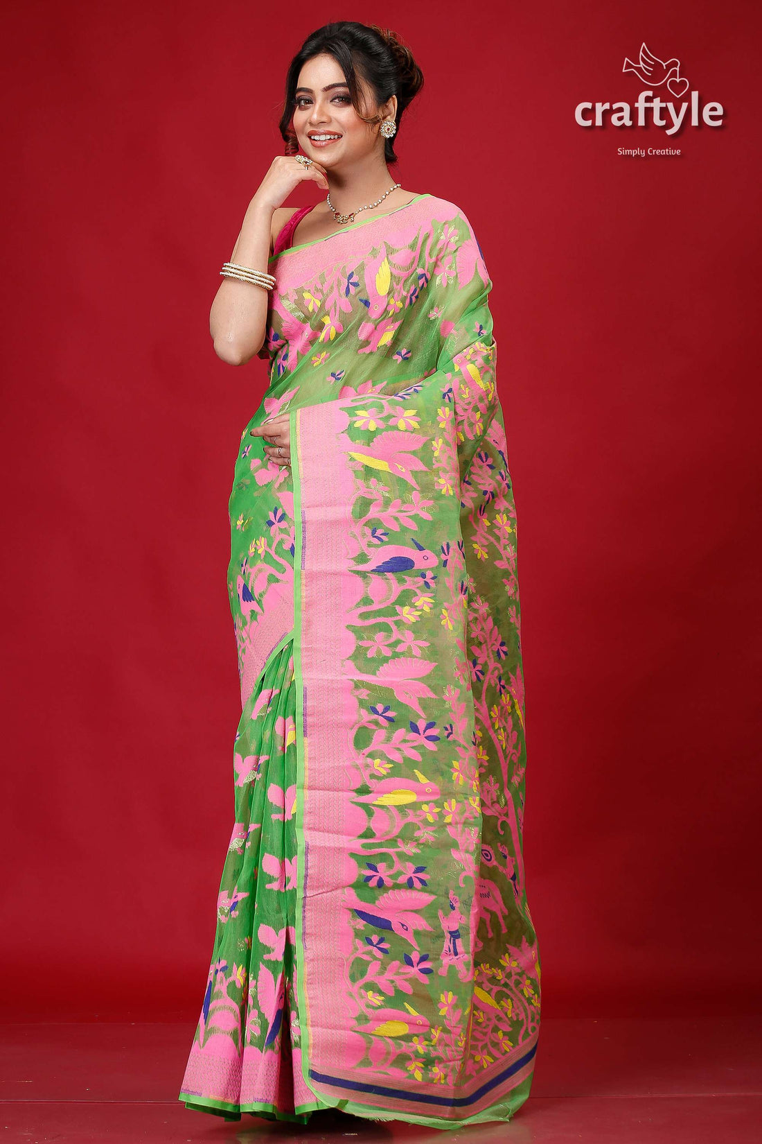 Slimy Green Bengal Jamdani Saree-Craftyle