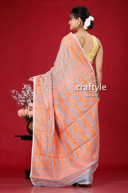 Smoke grey-orange jamdani weave saree woman patterned saree 5