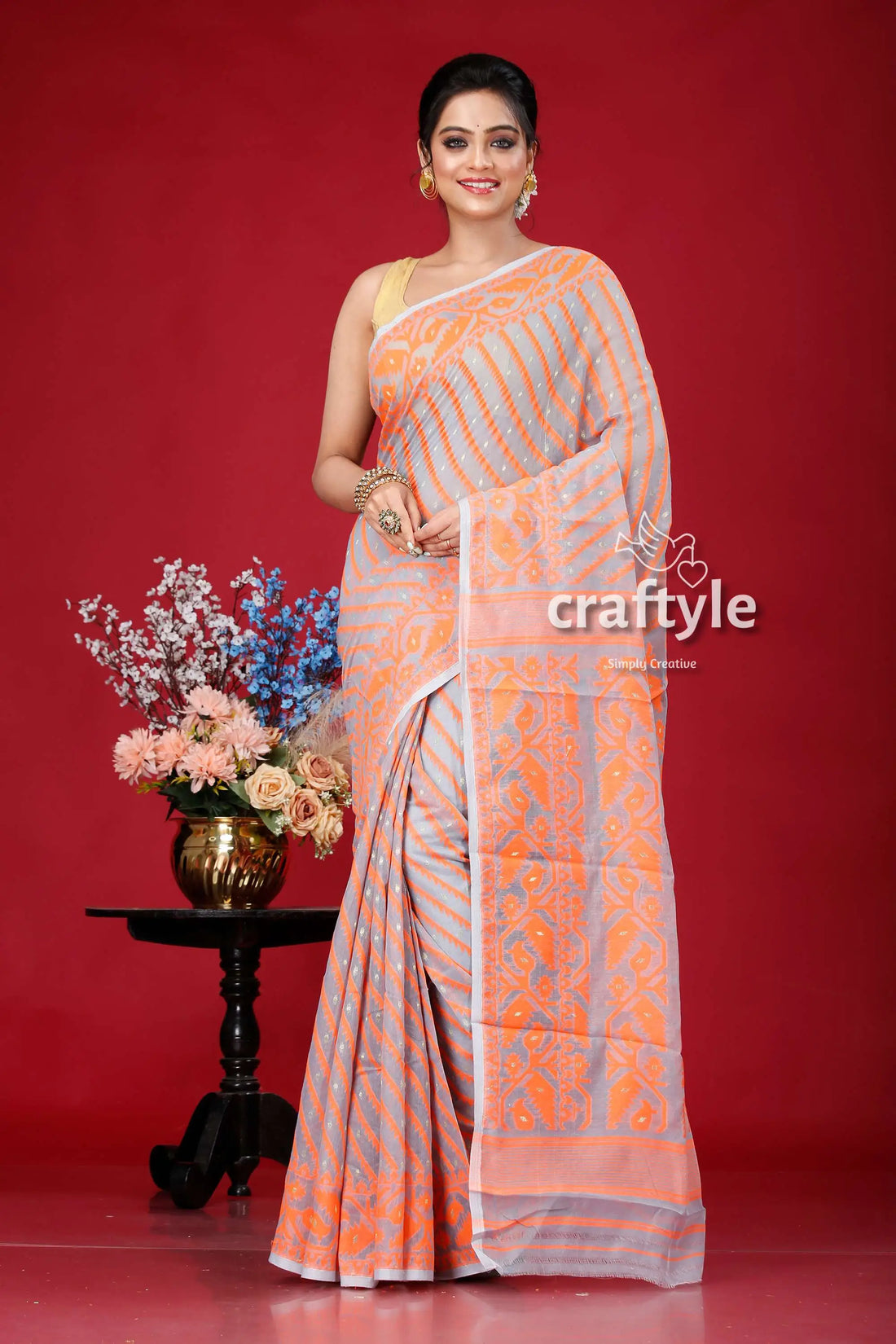 Smoke grey-orange jamdani weave saree woman patterned saree 1